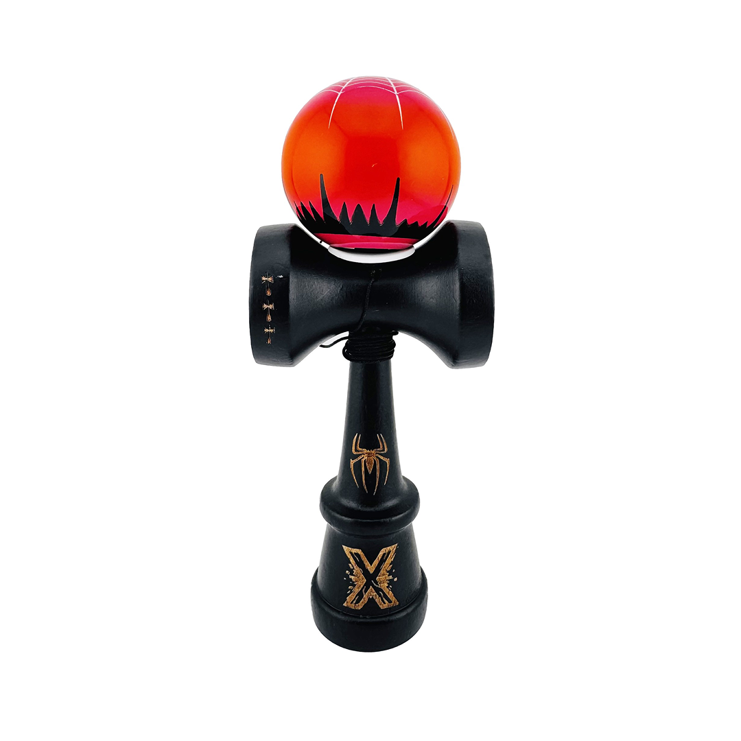 Kendama X Black Spider King Originala, Model V3 Negru / Rosu, Profesionala, Cupe Mari King Size, Super Sticky, Gaura in Baza, Rulment, Ata 62cm