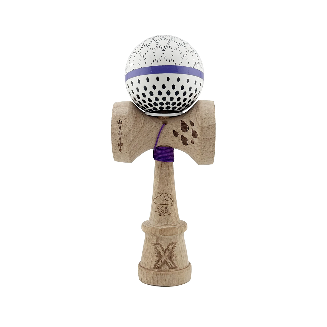 Kendama X Raindrops Originala, Model V3 Alb / Albastru, Profesionala, Cupe Mari King Size, Super Sticky, Gaura in Baza, Rulment, Ata 62cm