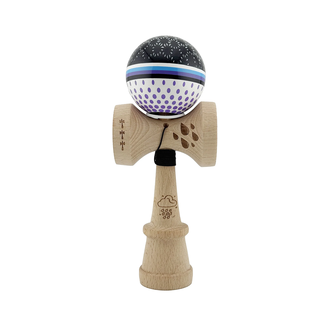 Kendama X Raindrops Originala, Model V3 Alb / Negru / Mov, Profesionala, Cupe Mari King Size, Super Sticky, Gaura in Baza, Rulment, Ata 62cm