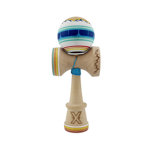 Kendama X Mountains Originala, Model V3 Albastru Multicolor, Profesionala, Cupe Mari King Size, Anti Skid, Gaura in Baza, Rulment, Ata 62cm