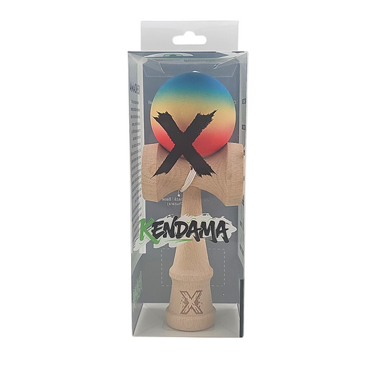 Kendama X Berbis – Jucarie Interactiva din Lemn, 18 cm, Joc de Indemanare pentru Copii si Adulti, Model Rosu-Galben-Albastru in Degrade