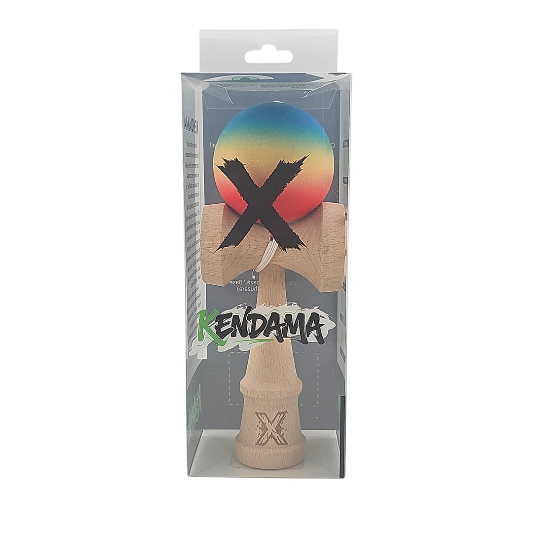 Kendama X Berbis – Jucarie Interactiva din Lemn, 18 cm, Joc de Indemanare pentru Copii si Adulti, Model Rosu-Galben-Albastru in Degrade