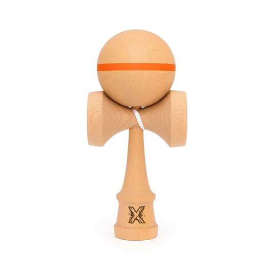 Kendama Originala Berbis – Jucarie Interactiva din Lemn, 18 cm, Joc de Indemanare pentru Copii si Adulti, Model cu dunga Portocalie