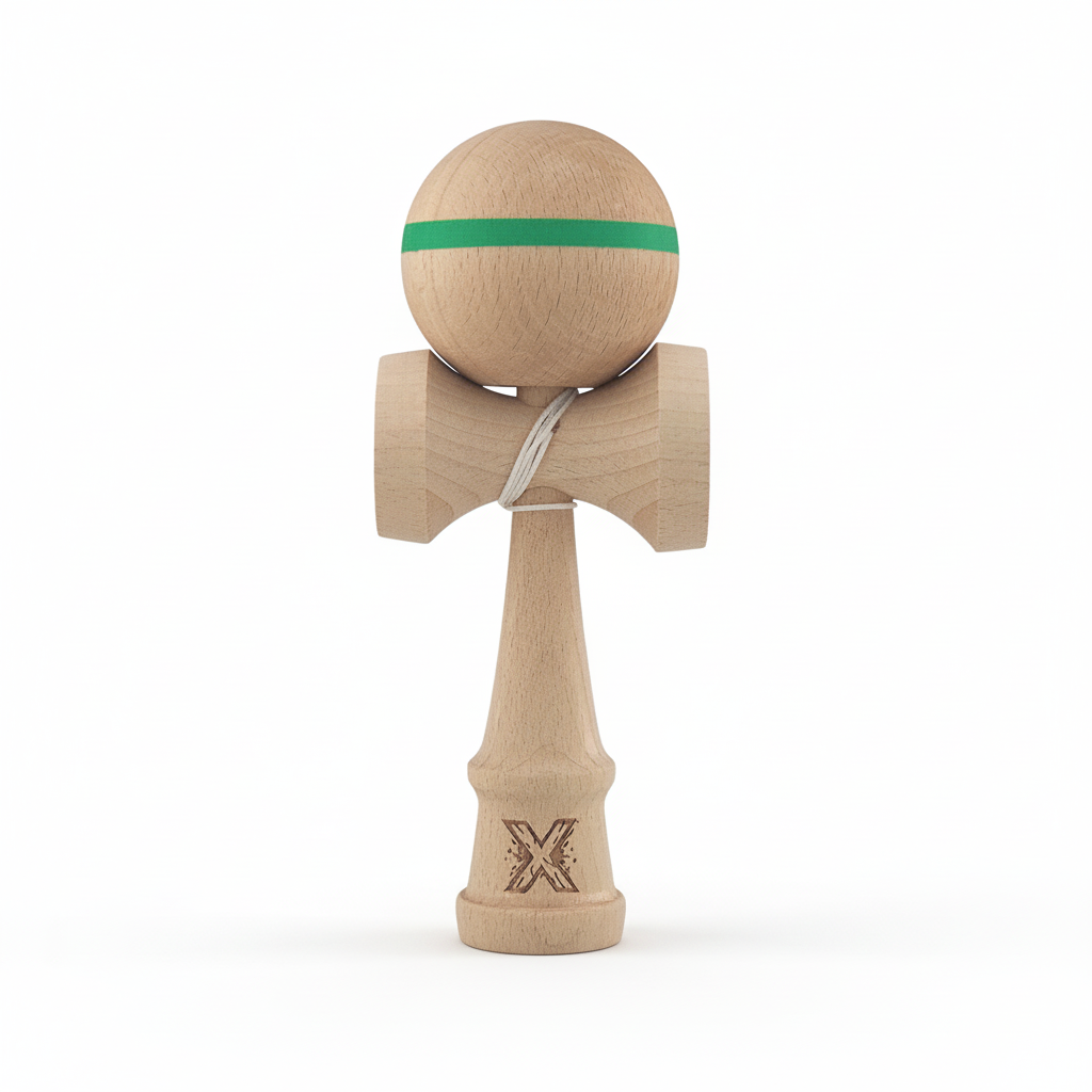 Kendama Originala Berbis – Jucarie Interactiva din Lemn, 18 cm, Joc de Indemanare pentru Copii si Adulti, Model cu dunga Verde