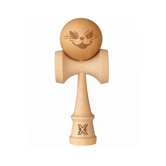 Kendama X Originala Super Sticky Berbis – Jucarie Interactiva din Lemn, 18 cm, Joc de Indemanare pentru Copii si Adulti, Maro Natur cu Model Crazy Cat