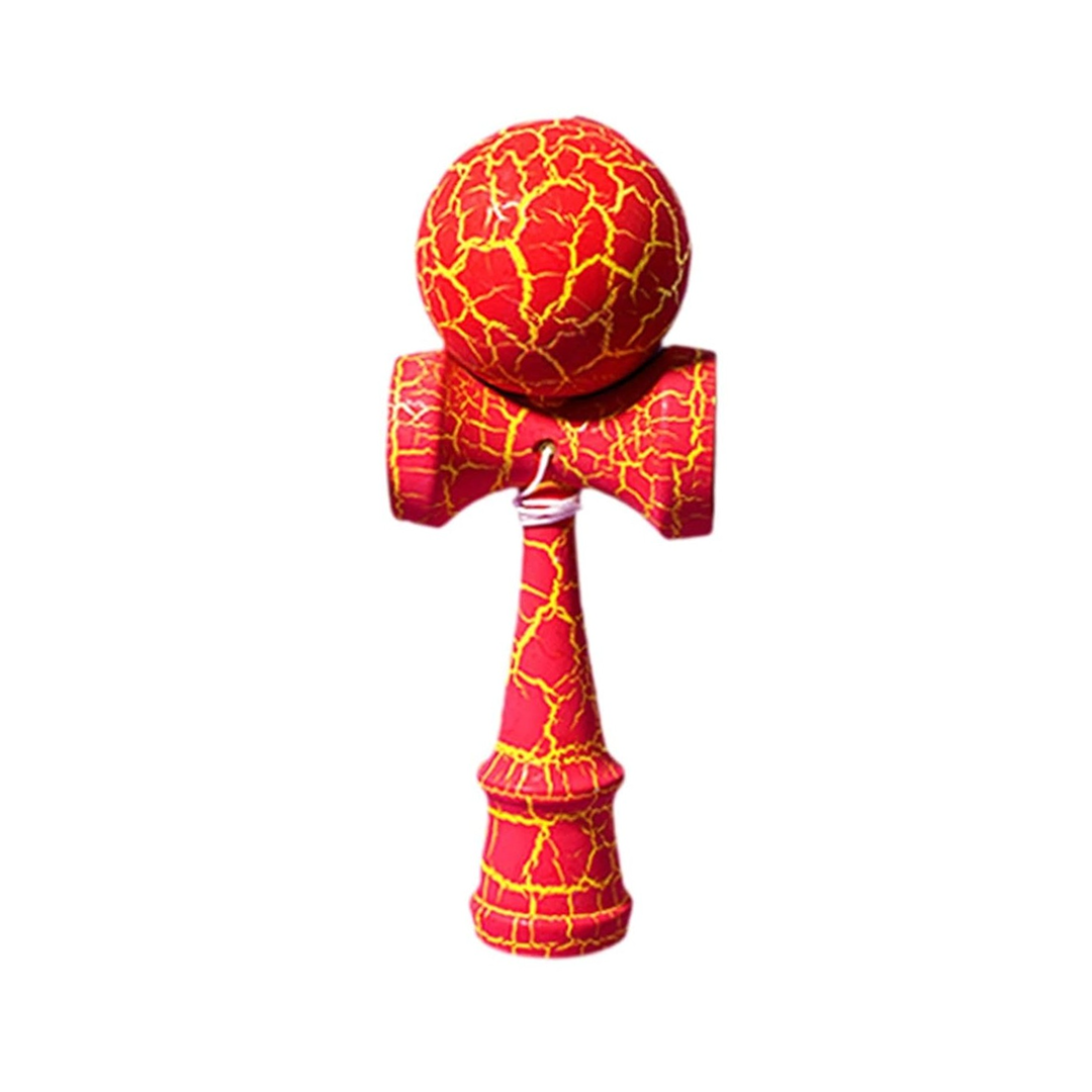 Kendama X Originala Berbis – Jucarie Interactiva din Lemn, 18 cm, Joc de Indemanare pentru Copii si Adulti, Model Cracked Rosu-Galben