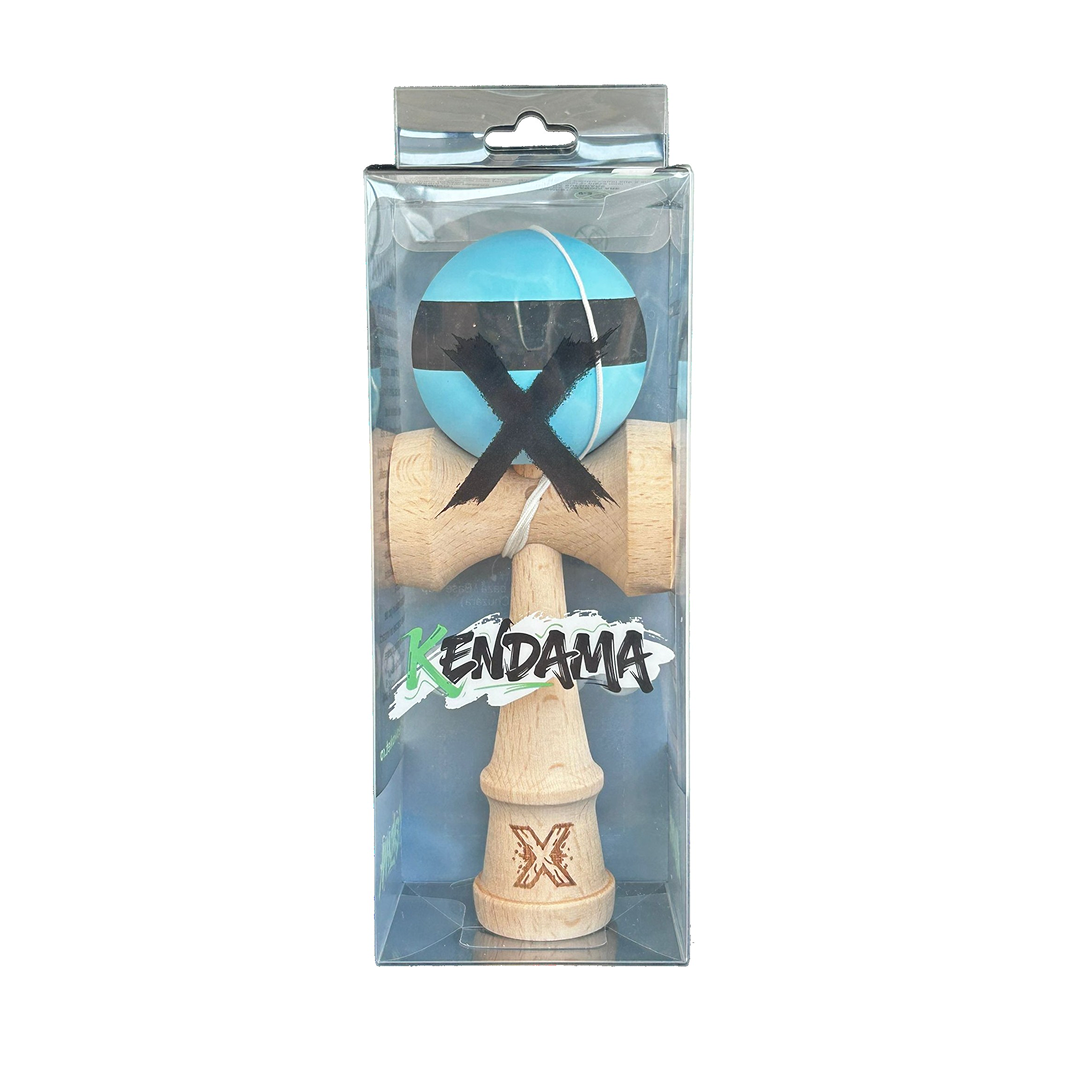 Kendama Profesionala Berbis – Jucarie Interactiva din Lemn, 18 cm, Joc de Indemanare pentru Copii si Adulti, Model Dungi Albastru-Albastru Deschis