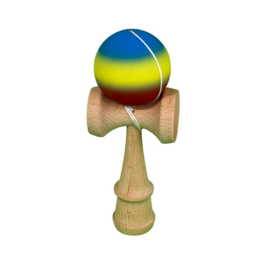 Kendama X Berbis – Jucarie Interactiva din Lemn, 18 cm, Joc de Indemanare pentru Copii si Adulti, Model Albastru-Galben-Rosu in Degrade