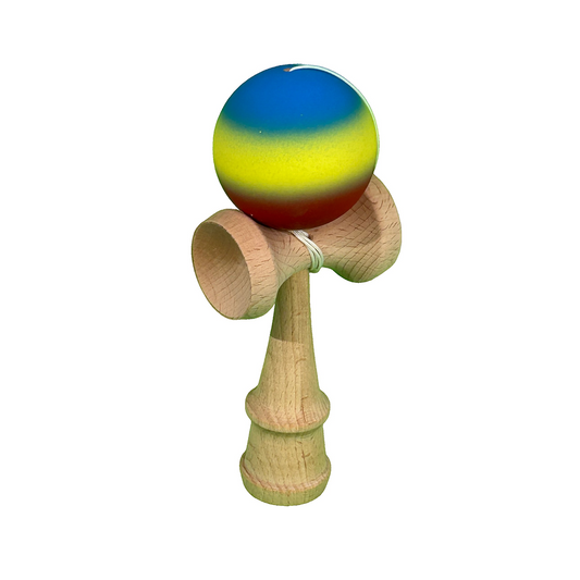 Kendama X Berbis – Jucarie Interactiva din Lemn, 18 cm, Joc de Indemanare pentru Copii si Adulti, Model Albastru-Galben-Rosu in Degrade