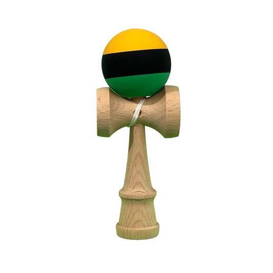 Kendama X Berbis – Jucarie Interactiva din Lemn, 18 cm, Joc de Indemanare pentru Copii si Adulti, Model Multicolor Galben-Negru-Verde