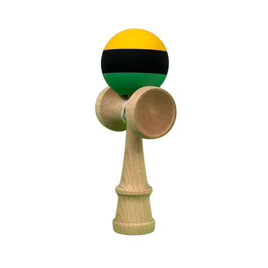 Kendama X Berbis – Jucarie Interactiva din Lemn, 18 cm, Joc de Indemanare pentru Copii si Adulti, Model Multicolor Galben-Negru-Verde