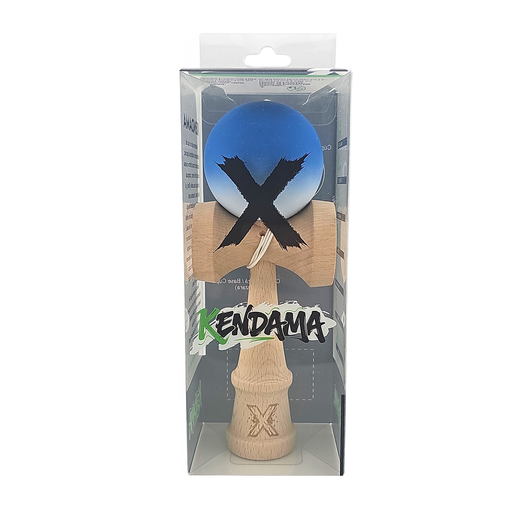 Kendama X Originala Berbis – Jucarie Interactiva din Lemn, 18 cm, Joc de Indemanare pentru Copii si Adulti, Model Albastru-Alb in Degrade