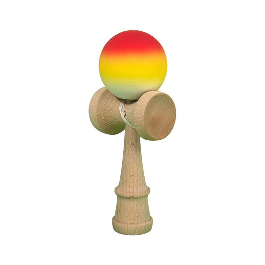 Kendama X Berbis – Jucarie Interactiva din Lemn, 18 cm, Joc de Indemanare pentru Copii si Adulti, Model Rosu-Galben-Alb in Degrade