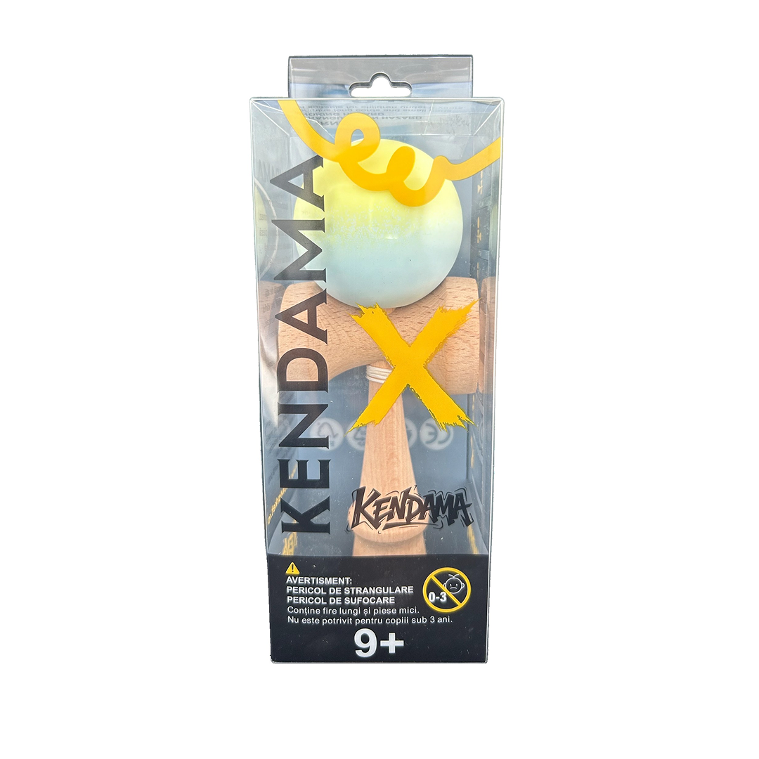 Kendama X Originala Berbis – Jucarie Interactiva din Lemn, 18 cm, Joc de Indemanare pentru Copii si Adulti, Model Galben-Verde Deschis in Degrade