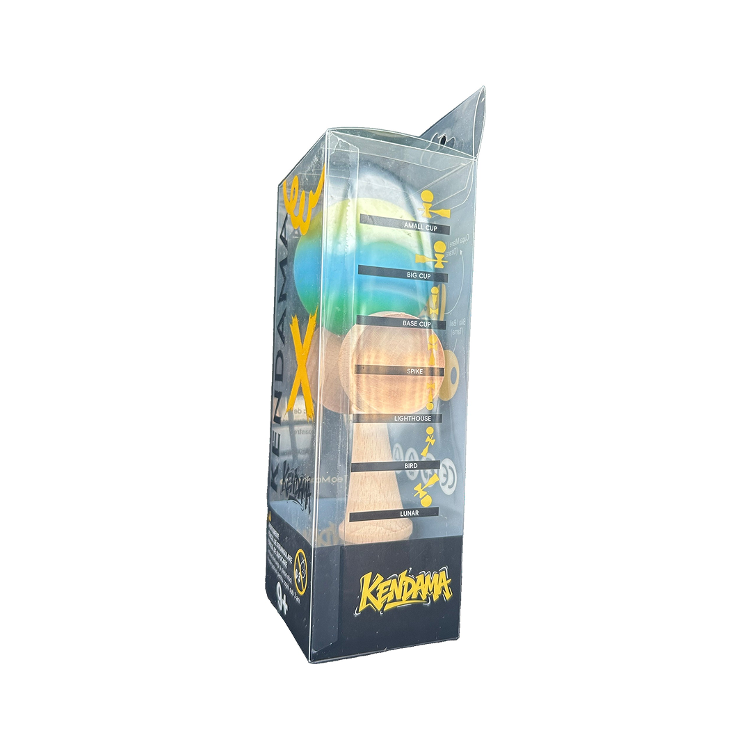 Kendama X Berbis – Jucarie Interactiva din Lemn, 18 cm, Joc de Indemanare pentru Copii si Adulti, Model Galben-Albastru-Verde in Degrade