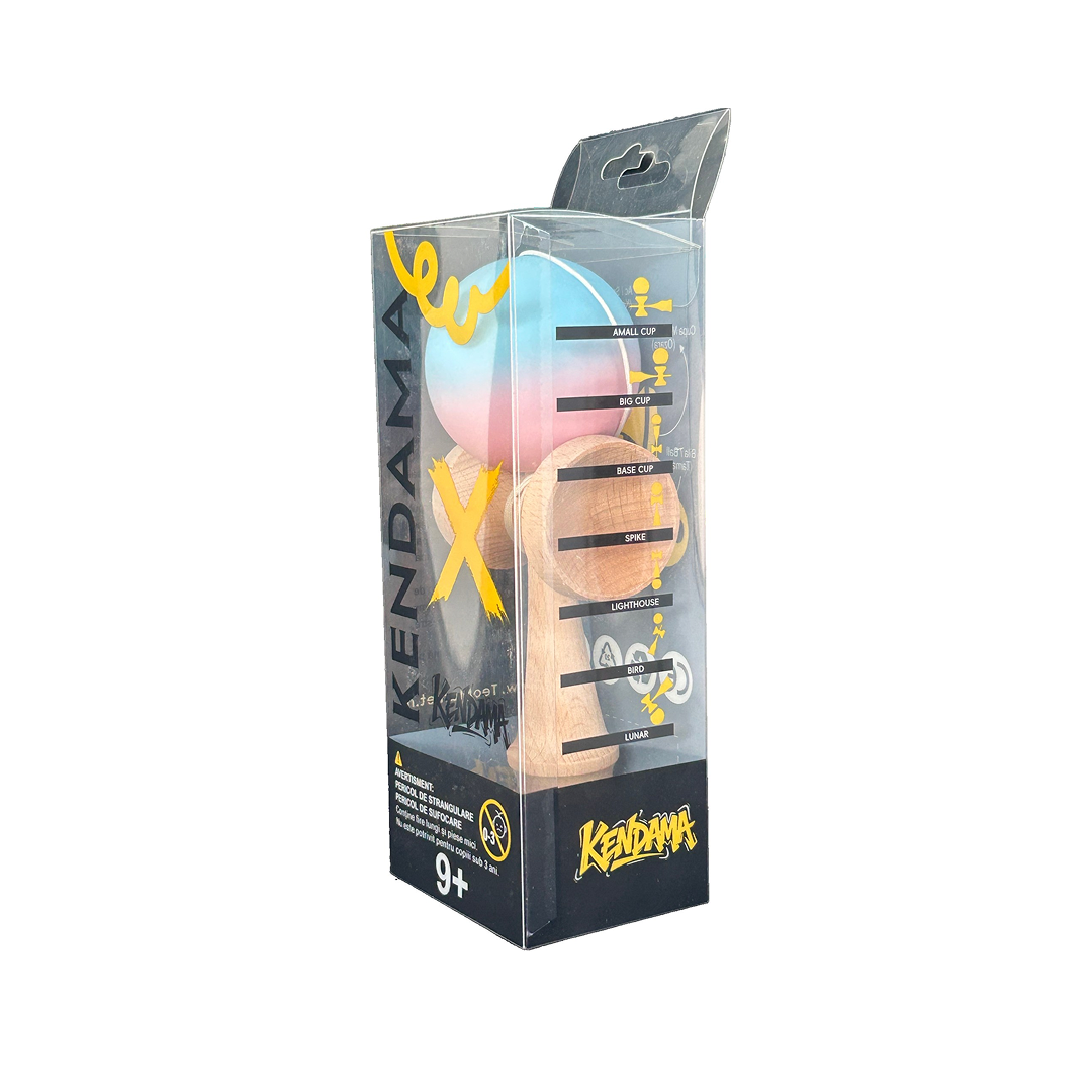 Kendama X Berbis – Jucarie Interactiva din Lemn, 18 cm, Joc de Indemanare pentru Copii si Adulti, Model Albastru-Roz in Degrade