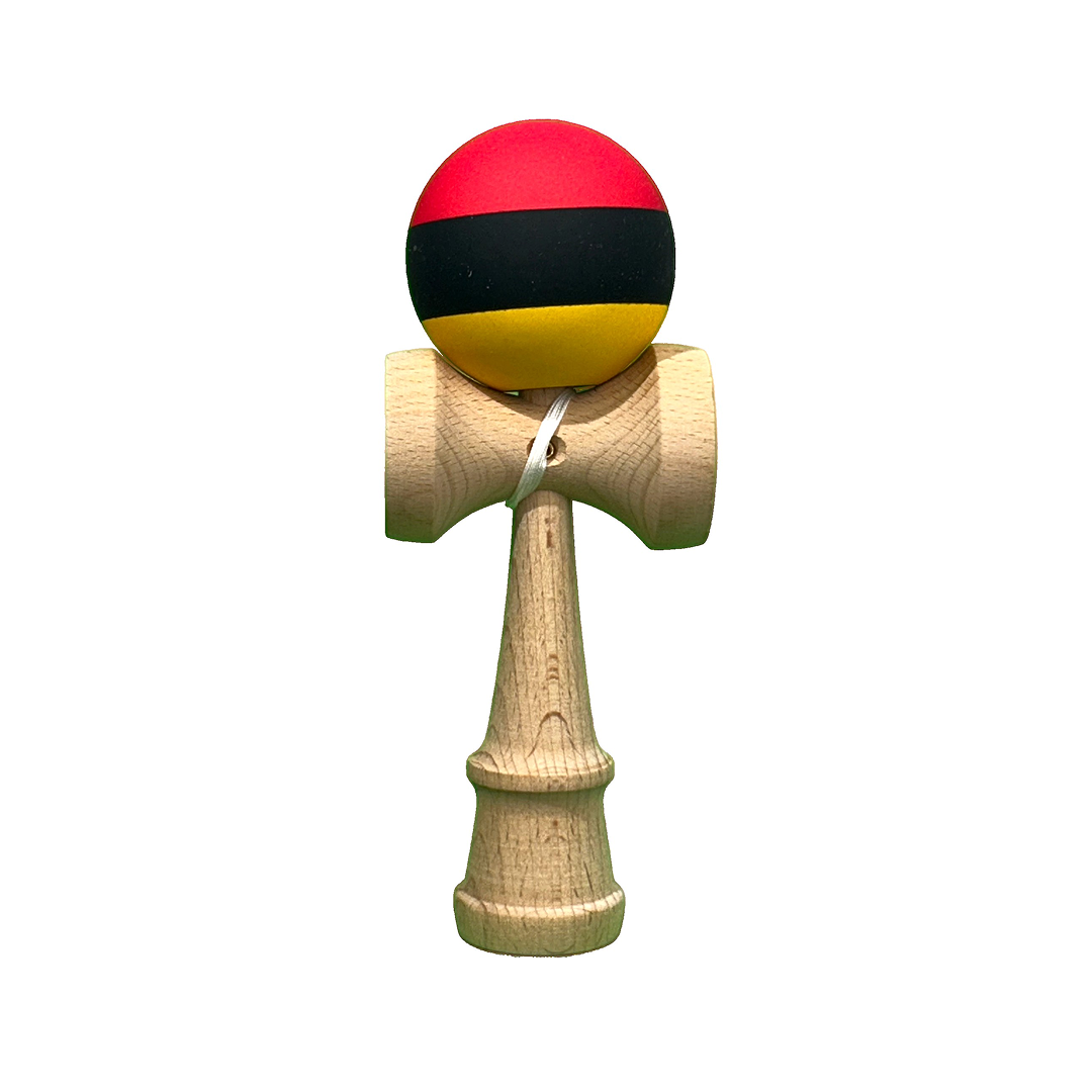 Kendama X Berbis – Jucarie Interactiva din Lemn, 18 cm, Joc de Indemanare pentru Copii si Adulti, Model Multicolor Rosu-Negru-Galben