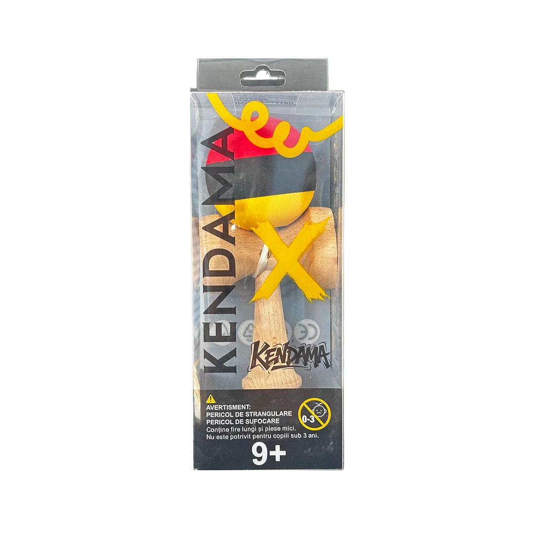 Kendama X Berbis – Jucarie Interactiva din Lemn, 18 cm, Joc de Indemanare pentru Copii si Adulti, Model Multicolor Rosu-Negru-Galben