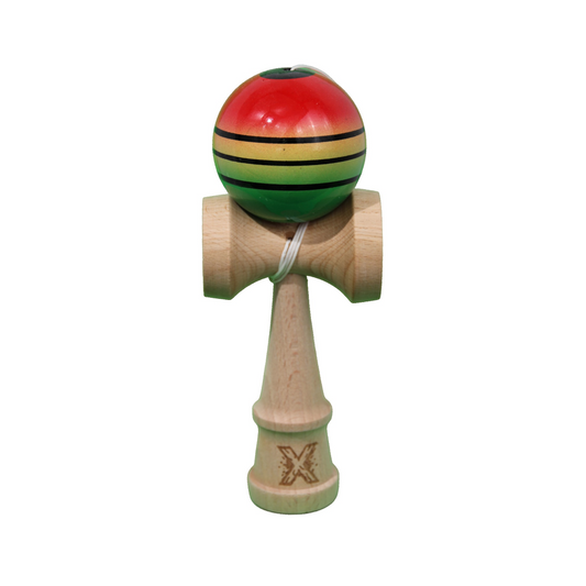 Kendama X Originala Super Sticky Berbis – Jucarie Interactiva din Lemn, 18 cm, Joc de Indemanare pentru Copii si Adulti, Model Rosu-Galben-Verde in Degrade cu Linii