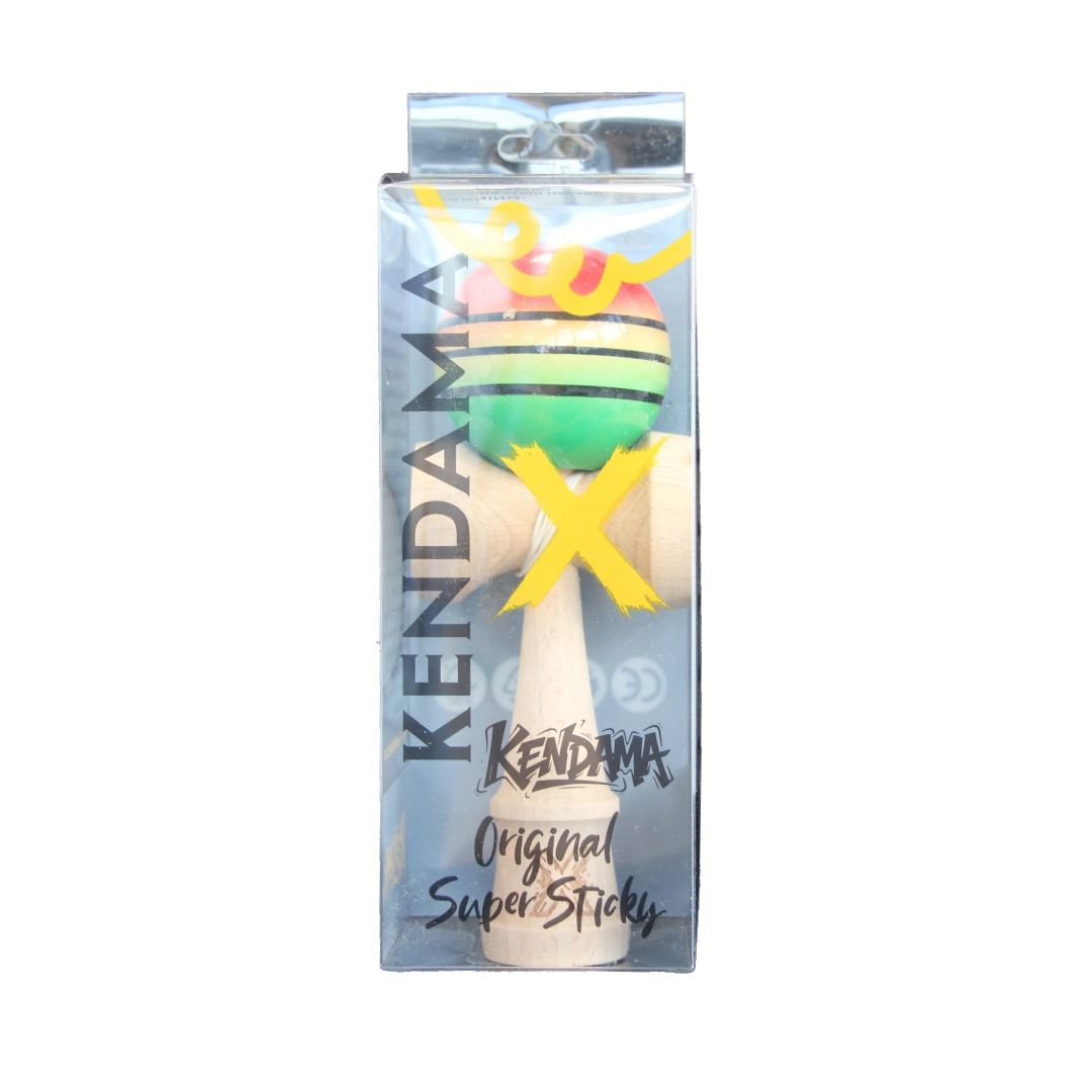 Kendama X Originala Super Sticky Berbis – Jucarie Interactiva din Lemn, 18 cm, Joc de Indemanare pentru Copii si Adulti, Model Rosu-Galben-Verde in Degrade cu Linii