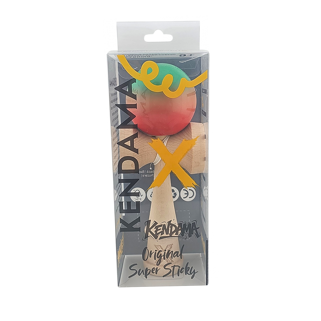 Kendama X Originala Super Sticky Berbis – Profesionala - Jucarie Interactiva din Lemn, 18 cm, Joc de Indemanare pentru Copii si Adulti, Model Rosu-Verde in Degrade