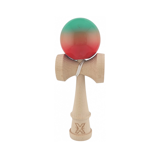 Kendama X Originala Super Sticky Berbis – Profesionala - Jucarie Interactiva din Lemn, 18 cm, Joc de Indemanare pentru Copii si Adulti, Model Rosu-Verde in Degrade