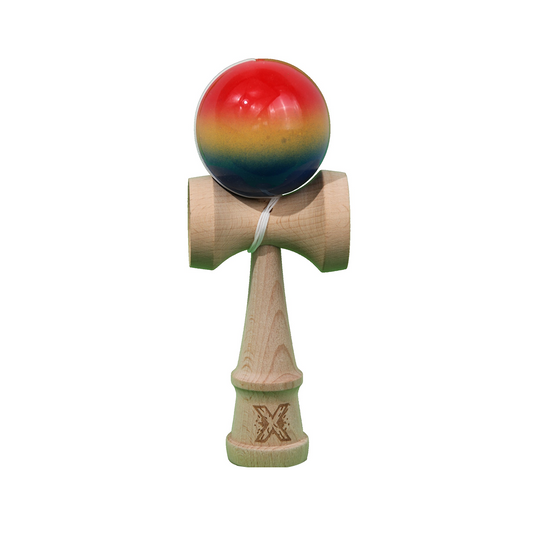 Kendama X Originala Super Sticky Berbis – Jucarie Interactiva din Lemn, 18 cm, Joc de Indemanare pentru Copii si Adulti, Model Rosu-Galben-Albastru in Degrade