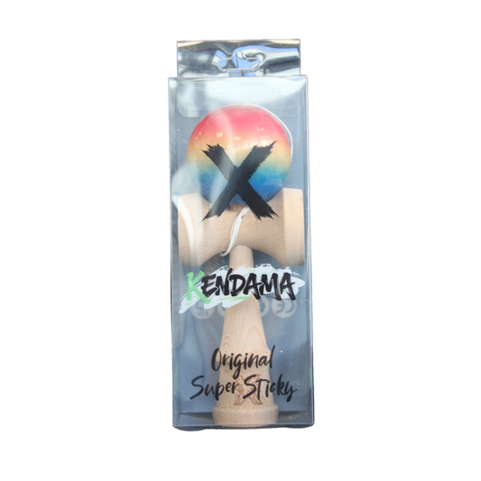 Kendama X Originala Super Sticky Berbis – Jucarie Interactiva din Lemn, 18 cm, Joc de Indemanare pentru Copii si Adulti, Model Rosu-Galben-Albastru in Degrade
