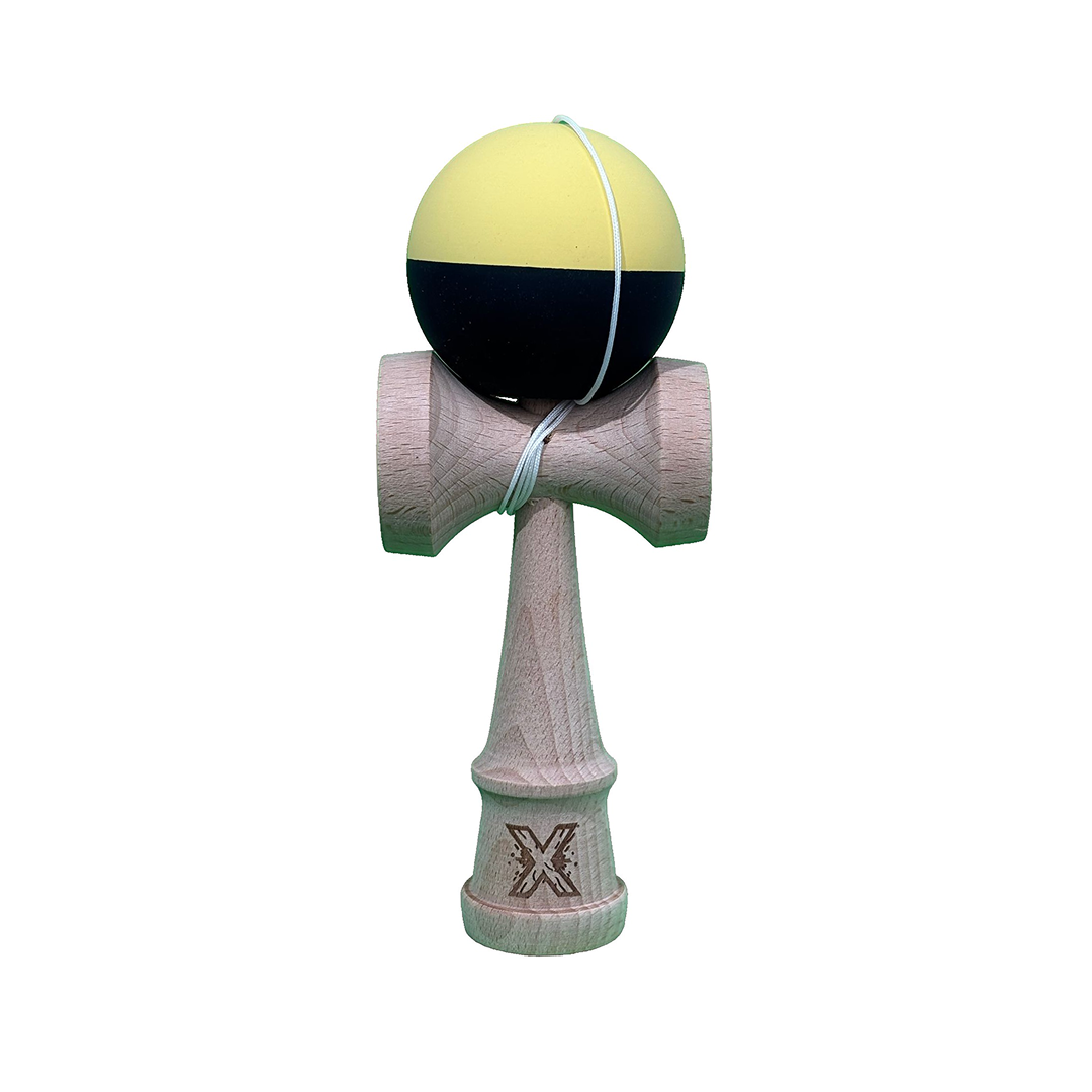 Kendama X Originala Berbis – Jucarie Interactiva din Lemn, 18 cm, Joc de Indemanare pentru Copii si Adulti, Model Bicolor Galben-Negru
