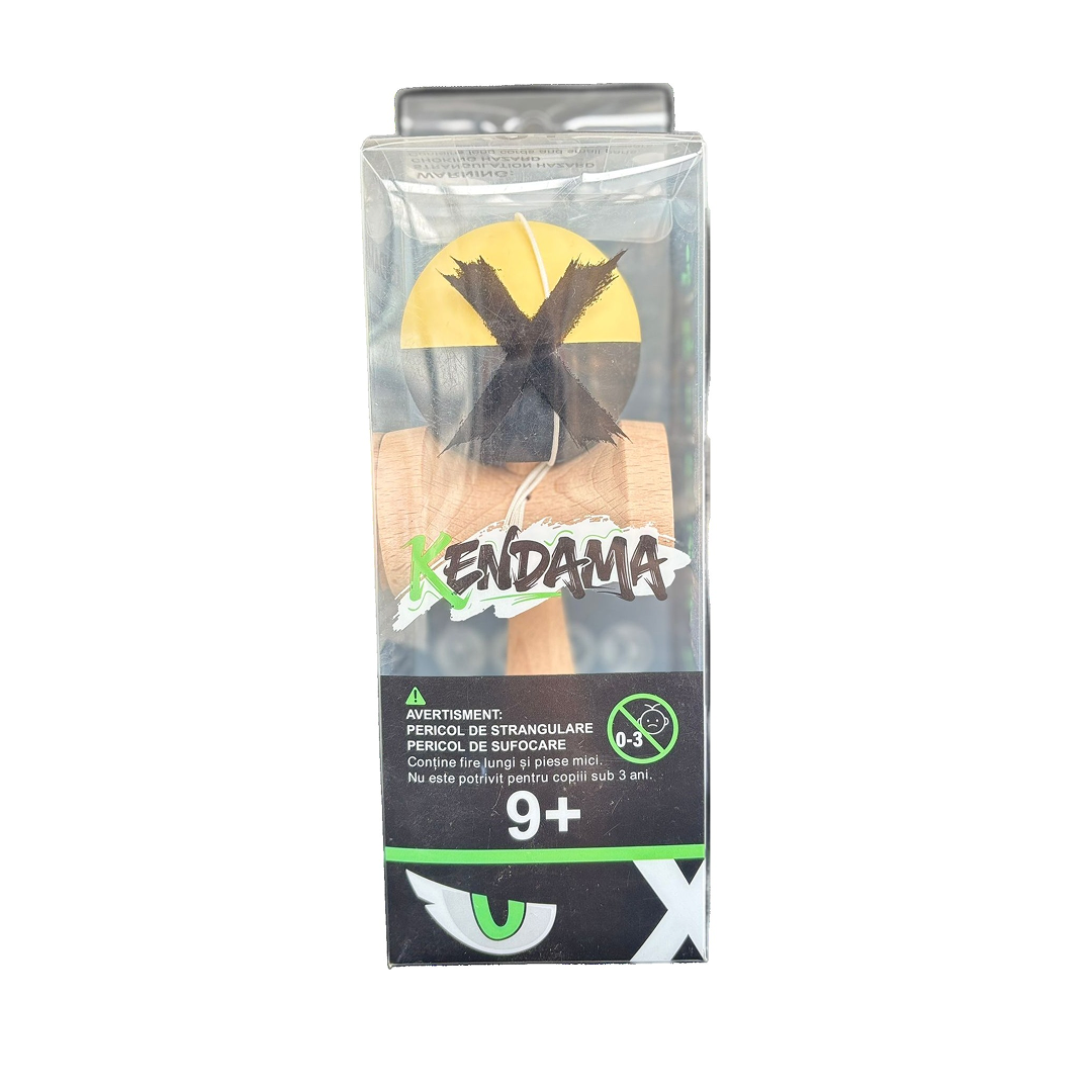 Kendama X Originala Berbis – Jucarie Interactiva din Lemn, 18 cm, Joc de Indemanare pentru Copii si Adulti, Model Bicolor Galben-Negru