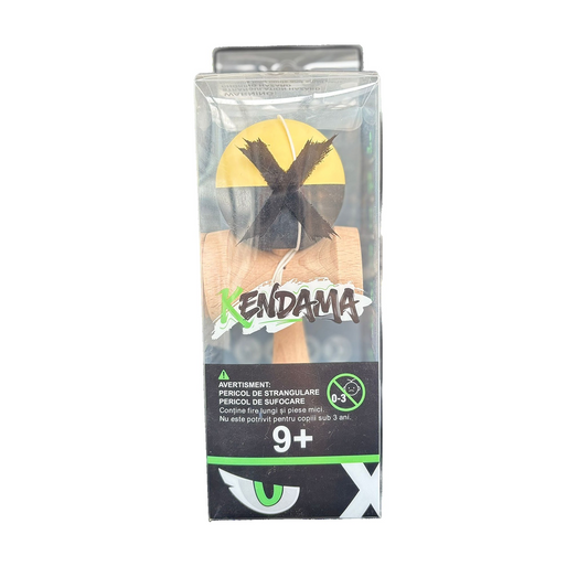 Kendama X Originala Berbis – Jucarie Interactiva din Lemn, 18 cm, Joc de Indemanare pentru Copii si Adulti, Model Bicolor Galben-Negru