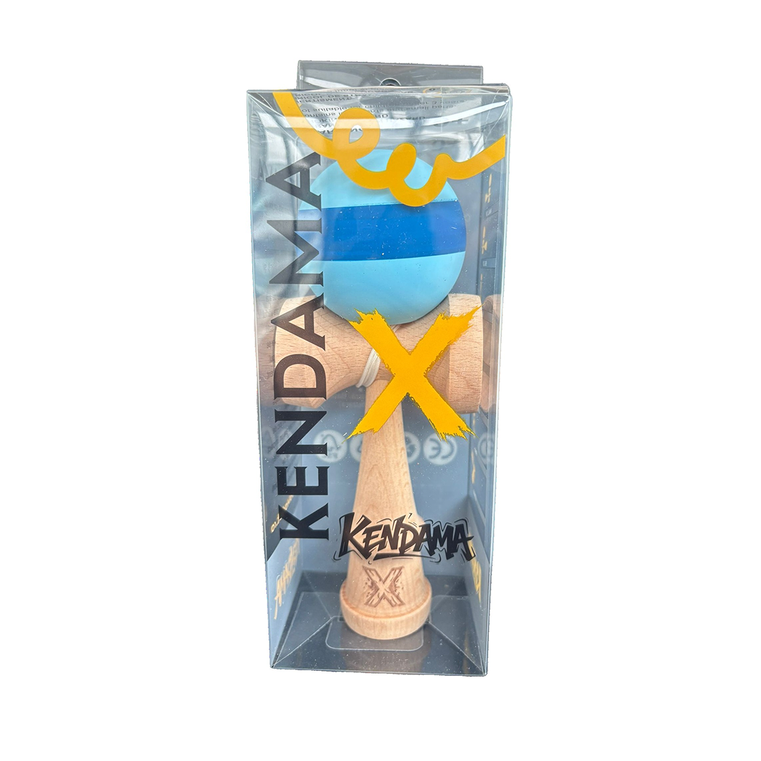 Kendama X Originala Berbis – Jucarie Interactiva din Lemn, 18 cm, Joc de Indemanare pentru Copii si Adulti, Model Bicolor Bleu-Albastru-Bleu cu Dunga