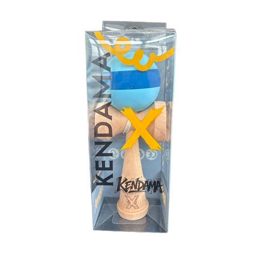 Kendama X Originala Berbis – Jucarie Interactiva din Lemn, 18 cm, Joc de Indemanare pentru Copii si Adulti, Model Bicolor Bleu-Albastru-Bleu cu Dunga
