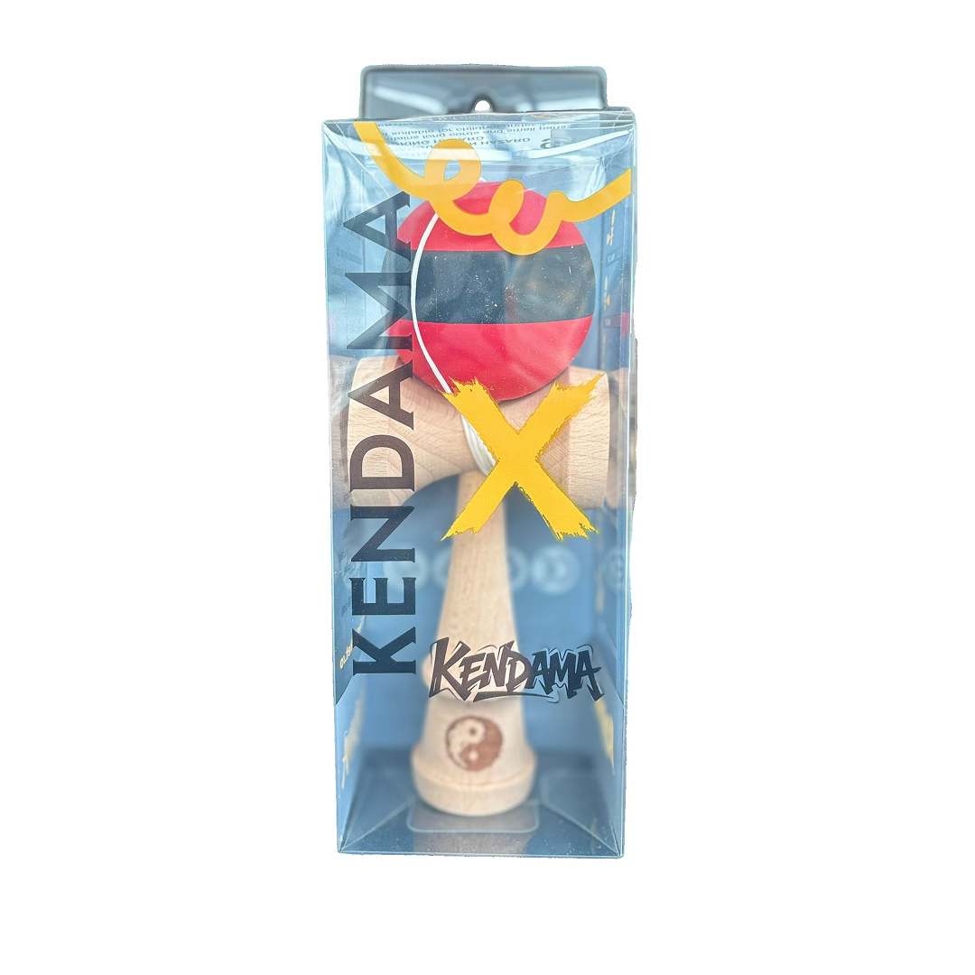 Kendama X Originala Berbis – Jucarie Interactiva din Lemn, 18 cm, Joc de Indemanare pentru Copii si Adulti, Model Bicolor Rosu-Negru-Rosu cu Dunga