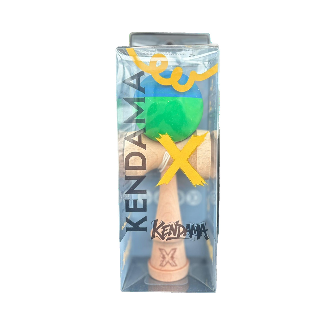 Kendama X Originala Berbis – Jucarie Interactiva profesionala din Lemn, 18 cm, Joc de Indemanare pentru Copii si Adulti, Model Bicolor Albastru-Verde