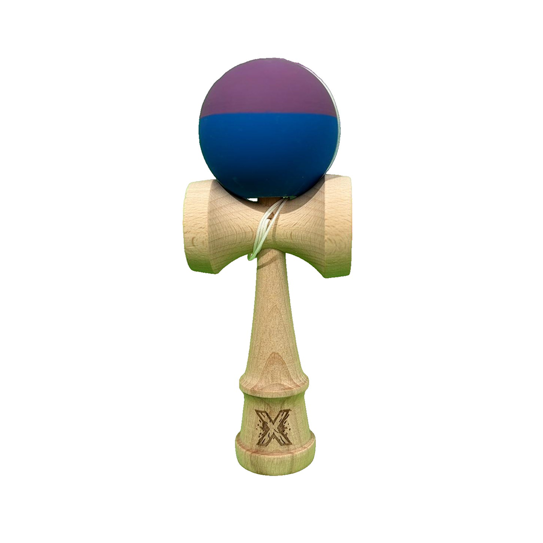 Kendama X Originala Berbis – Jucarie Interactiva profesionala din Lemn, 18 cm, Joc de Indemanare pentru Copii si Adulti, Model Bicolor Mov-Albastru