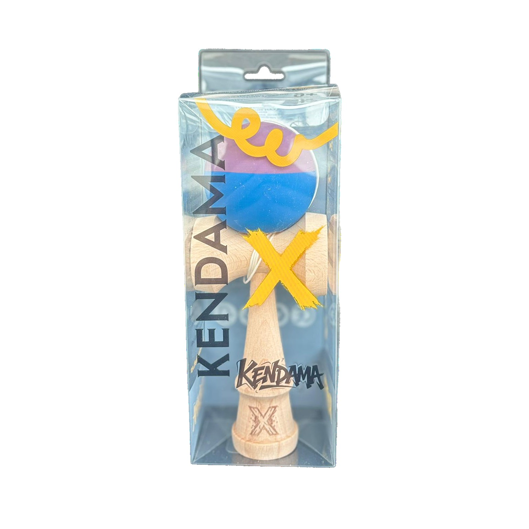 Kendama X Originala Berbis – Jucarie Interactiva profesionala din Lemn, 18 cm, Joc de Indemanare pentru Copii si Adulti, Model Bicolor Mov-Albastru