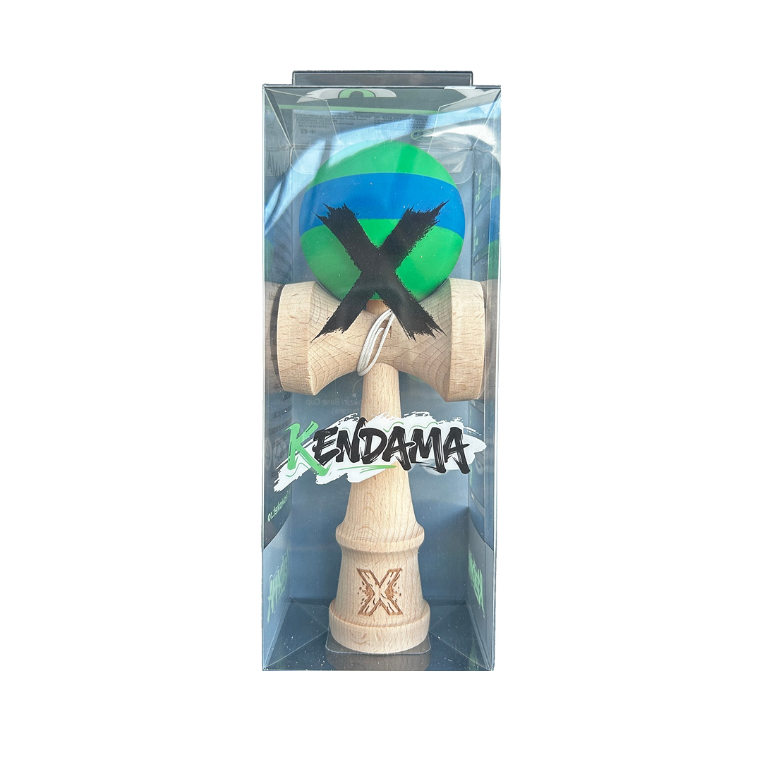 Kendama X Originala Berbis – Jucarie Interactiva din Lemn, 18 cm, Joc de Indemanare pentru Copii si Adulti, Model Bicolor Verde-Albastru