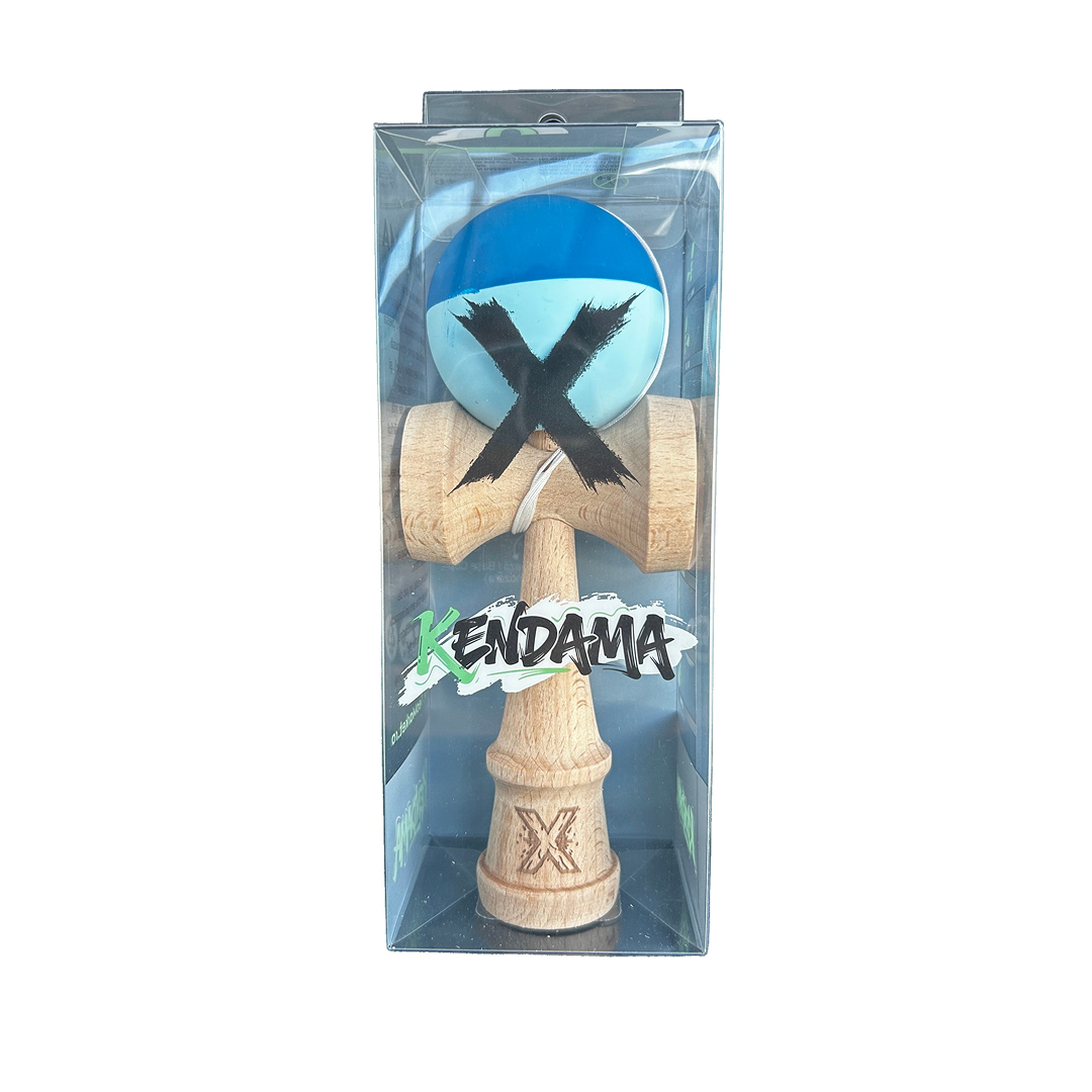 Kendama X Originala Berbis – Jucarie Interactiva din Lemn, 18 cm, Joc de Indemanare pentru Copii si Adulti, Model Bicolor Albastru Inchis-Bleu