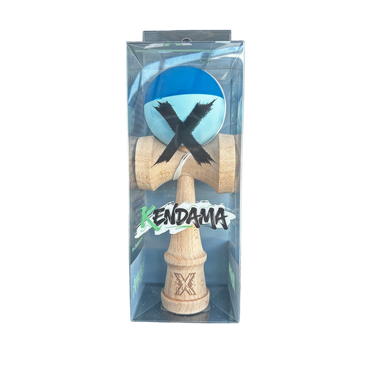 Kendama X Originala Berbis – Jucarie Interactiva din Lemn, 18 cm, Joc de Indemanare pentru Copii si Adulti, Model Bicolor Albastru Inchis-Bleu
