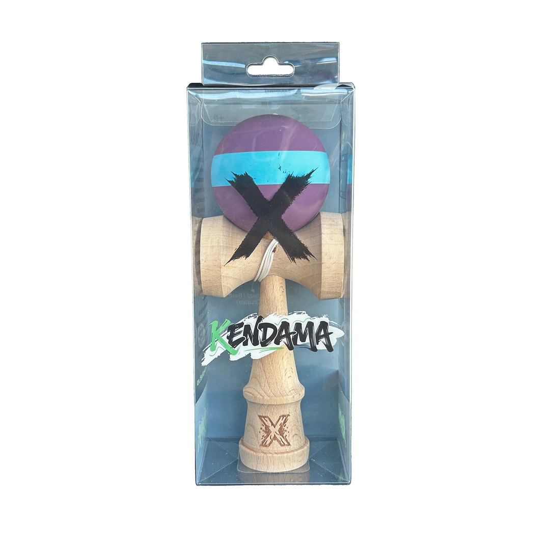 Kendama X Originala Berbis – Jucarie Interactiva din Lemn, 18 cm, Joc de Indemanare pentru Copii si Adulti, Model Bicolor Mov-Albastru-Mov cu Dunga