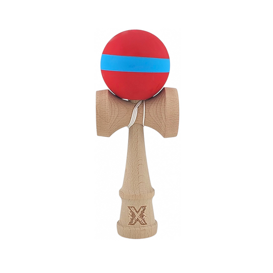 Kendama X Originala Rubber Grip Berbis - Profesionala - Jucarie Interactiva din Lemn, 18 cm, Joc de Indemanare pentru Copii si Adulti, Model Bicolor Rosu-Albastru