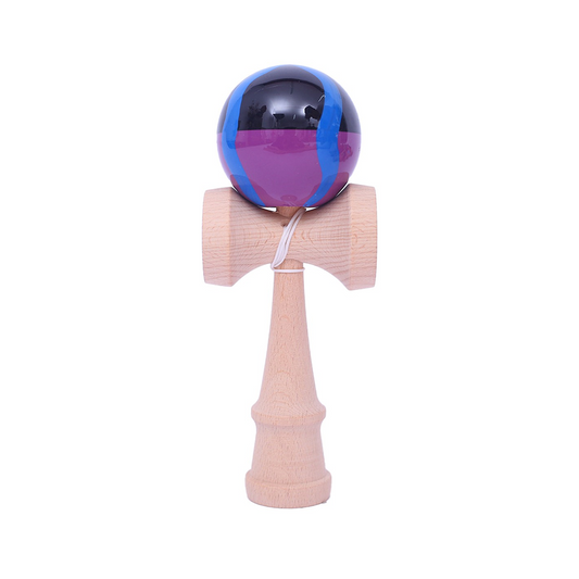 Kendama Profesionala Berbis – Jucarie Interactiva din Lemn, 18 cm, Joc de Indemanare pentru Copii si Adulti, Model Lucios Negru-Mov cu Linii