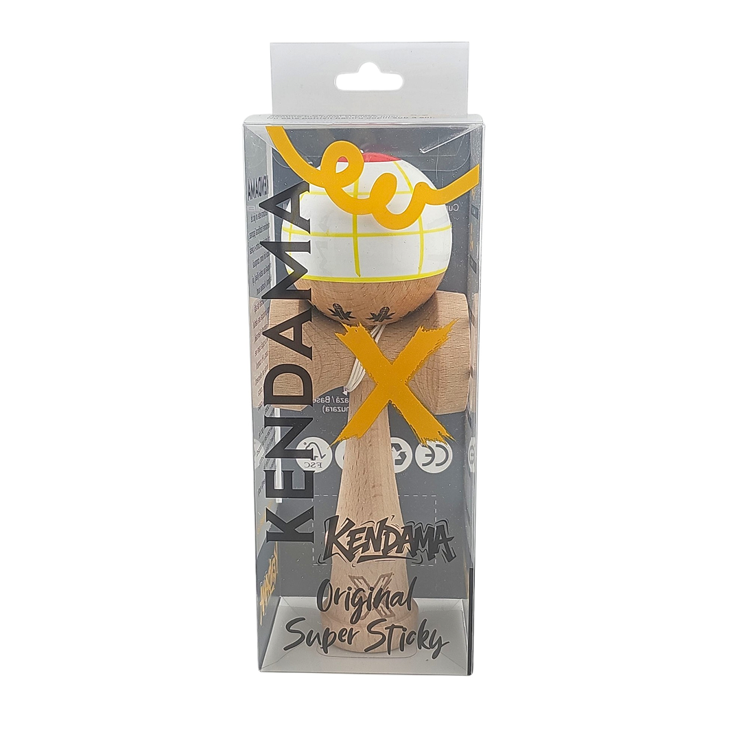 Kendama X Originala Super Sticky Berbis - Profesionala Limited - Jucarie Interactiva din Lemn, 18 cm, Joc de Indemanare pentru Copii si Adulti, Model Alb-Galben