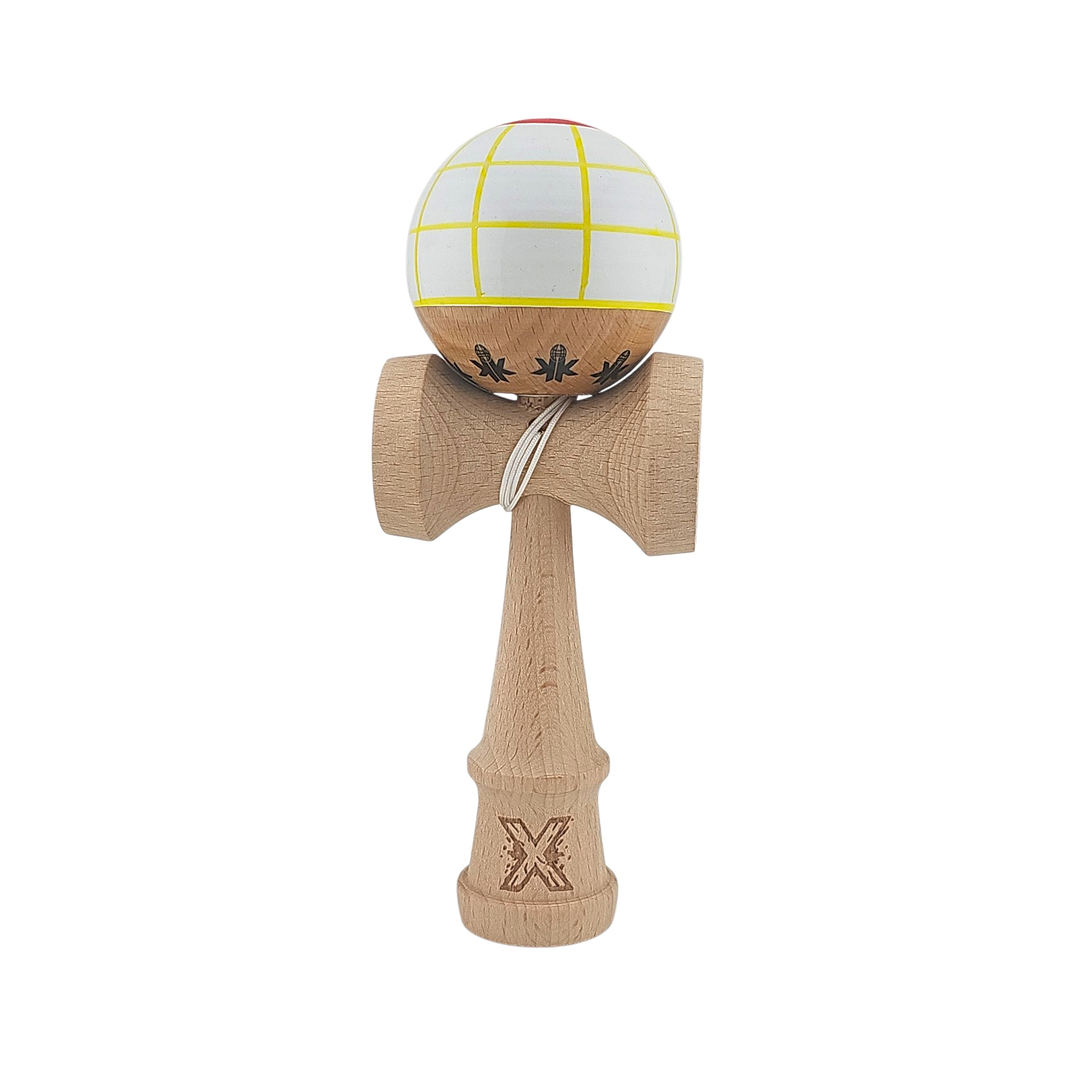 Kendama X Originala Super Sticky Berbis - Profesionala Limited - Jucarie Interactiva din Lemn, 18 cm, Joc de Indemanare pentru Copii si Adulti, Model Alb-Galben