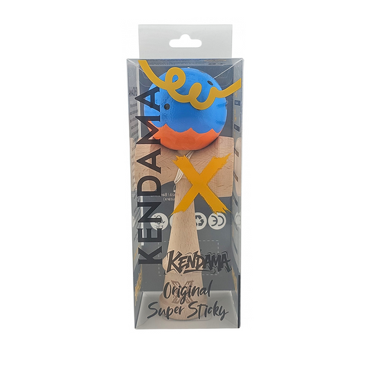 Kendama X Originala Super Sticky Berbis – Jucarie Interactiva din Lemn, 18 cm, Joc de Indemanare pentru Copii si Adulti, Bicolor Albastru-Portocaliu cu Model