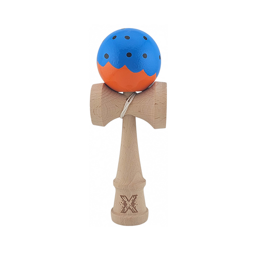 Kendama X Originala Super Sticky Berbis – Jucarie Interactiva din Lemn, 18 cm, Joc de Indemanare pentru Copii si Adulti, Bicolor Albastru-Portocaliu cu Model