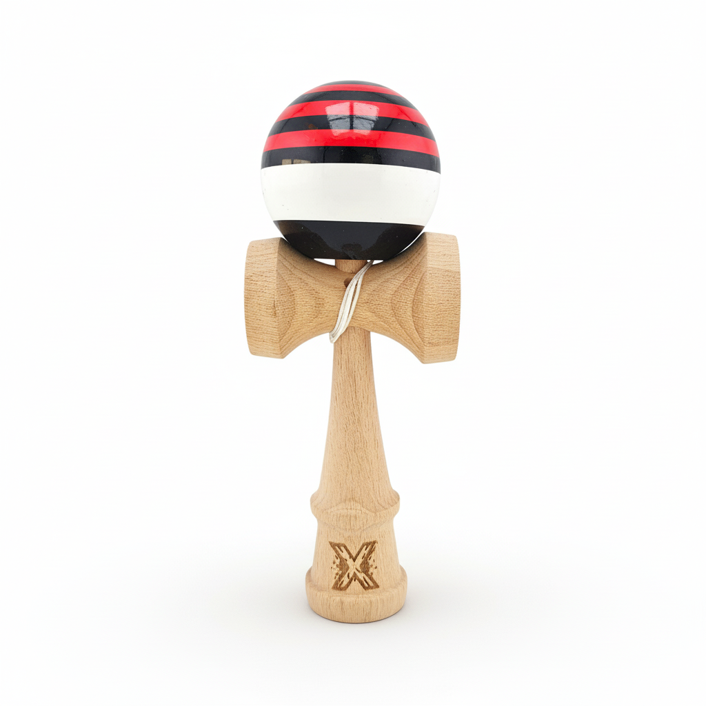 Kendama X Originala Super Sticky Berbis – Jucarie Interactiva din Lemn, 18 cm, Joc de Indemanare pentru Copii si Adulti, Multicolor Rosu-Negru-Alb in Linii