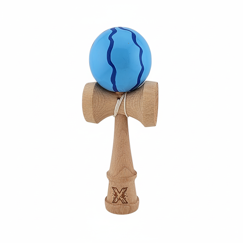 Kendama X Originala Super Sticky Berbis – Jucarie Interactiva din Lemn, 18 cm, Joc de Indemanare pentru Copii si Adulti, Bicolor Nuante Albastru cu Model