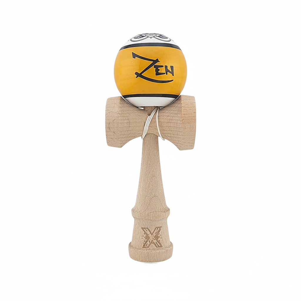 Kendama X Originala Super Sticky Berbis - Zen – Jucarie Interactiva din Lemn, 18 cm, Joc de Indemanare pentru Copii si Adulti, Multicolor Alb-Negru-Auriu Cu Model